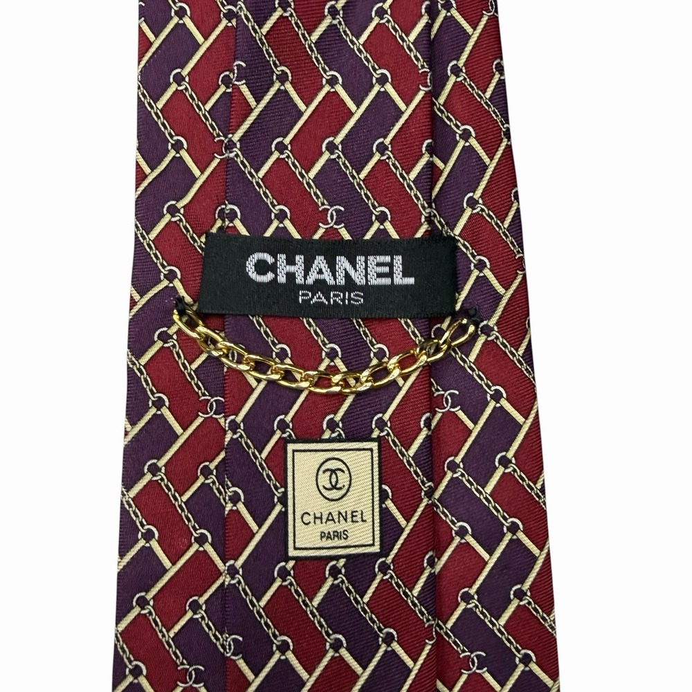 Chanel Paris Men's Chain Tie AOP CC Coco Mark Fuchsia & Purple Silk 3 7/8" x 61"